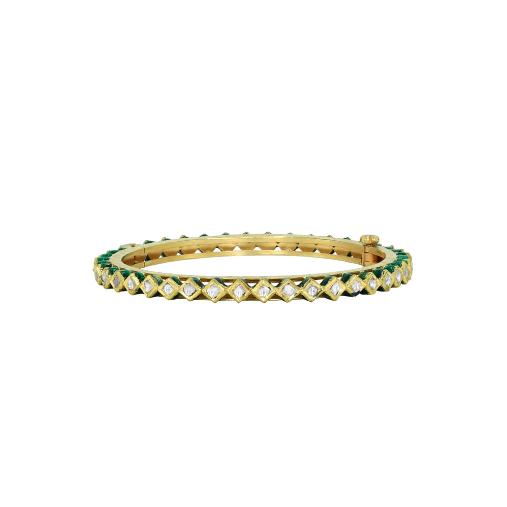 Geometric Gold Bangle with Green Enamel on Edge